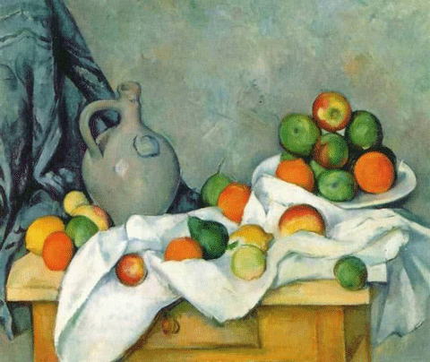 reproductie Jug curtain and fruit bowl van Paul Cezanne